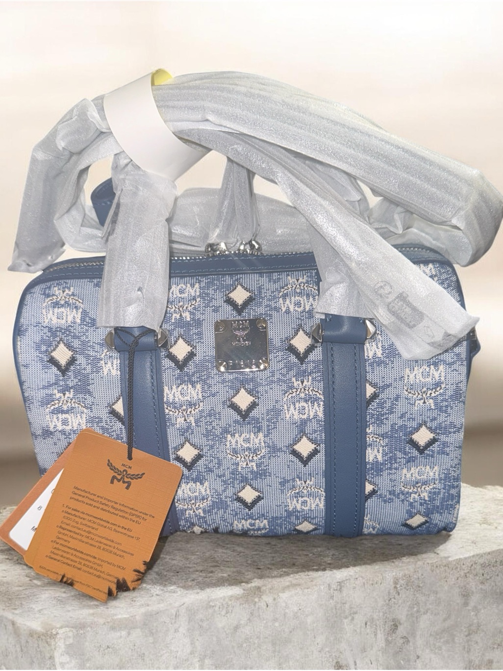 Mcm Blue Monogram Satchel With Leather Trim
